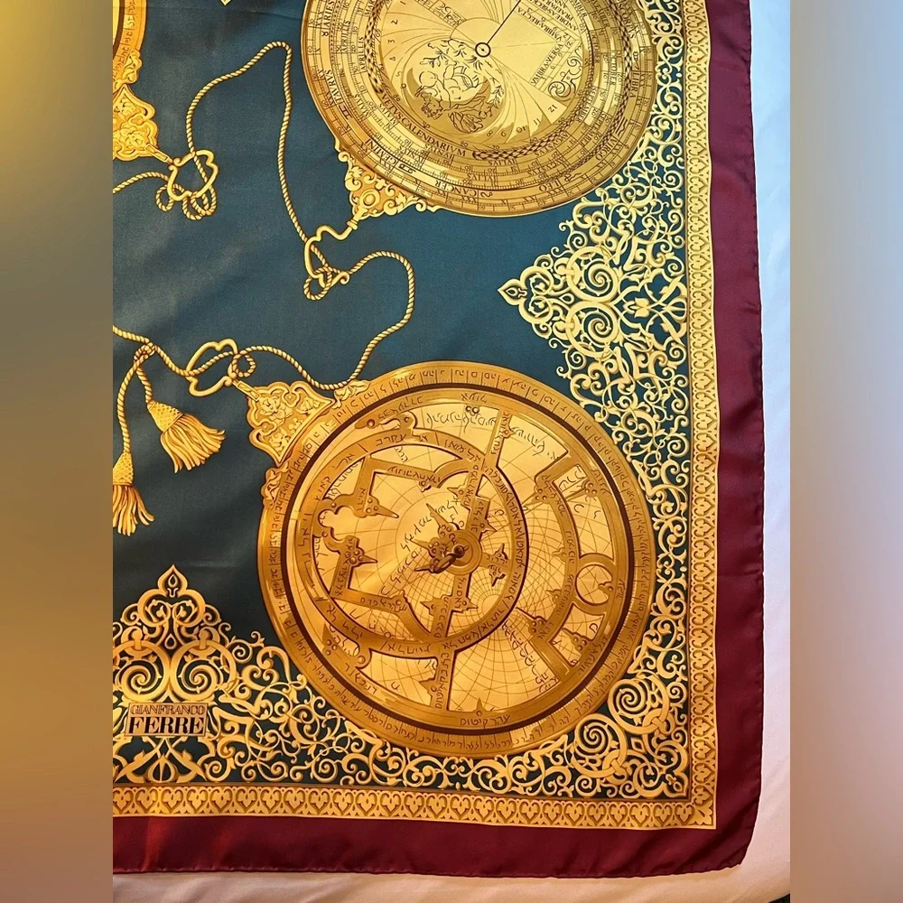 Vintage Gianfranco Ferre Silk Scarf Golden Astronomy Calendar hand rolled 34x34 - Picture 6 of 10